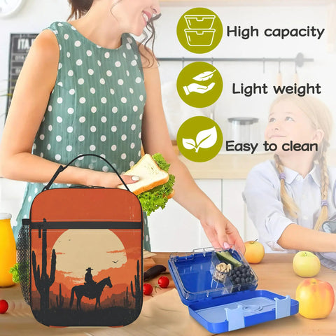 Desert Sunset Cowboy Silhouette Insulated Lunch Bag with cactus pattern in kitchen setting, durable Oxford cloth, wide opening.