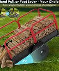 Beast Of A 1700 Lbs Heavy Duty Steel Dump Trailer for yard use loaded with firewood, showing hand and foot lever options.