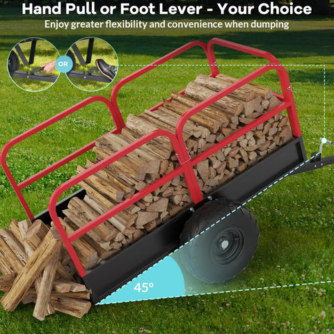 Beast Of A 1700 Lbs Heavy Duty Steel Dump Trailer for yard use loaded with firewood, showing hand and foot lever options.