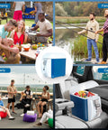 Portable 12V Thermoelectric Cooler And Warmer With 7.5 Quart Capacity Compact Mini Fridge For Car RV And Tailgate Vibes in a car with snacks.