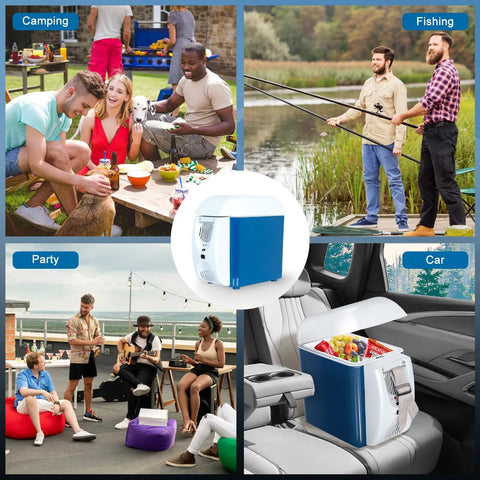 Portable 12V Thermoelectric Cooler And Warmer With 7.5 Quart Capacity Compact Mini Fridge For Car RV And Tailgate Vibes in a car with snacks.