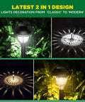 2 In 1 Solar Lights Outdoor Pack Of 10 LED Pathway Lights glowing warmly in garden setting, highlighting foliage.