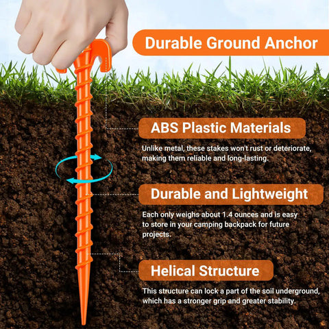 Hold It Down Easy 15 Pack Plastic Spiral Tent Stakes 10 Inch Heavy Duty Screw In anchor being installed in soil.