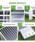 Close-up details of Wooden Chicken Coop 39 Inch With Nesting Box And Pull Out Tray, Waterproof Roof, Backyard Poultry Cage In Light Gray.