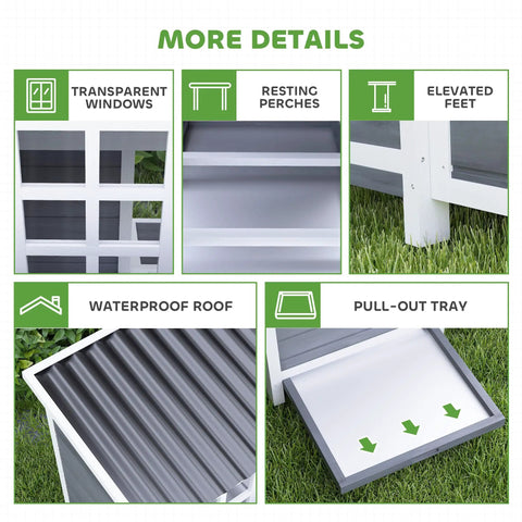 Close-up details of Wooden Chicken Coop 39 Inch With Nesting Box And Pull Out Tray, Waterproof Roof, Backyard Poultry Cage In Light Gray.