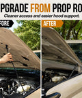 Heavy Duty Gas Hood Struts For Slick One Hand Lift Replacing Factory Prop Rod Rapid Under Hood Access For Toyota Tacoma 2024 To 2026 And 4Runner Models, before and after installation comparison.