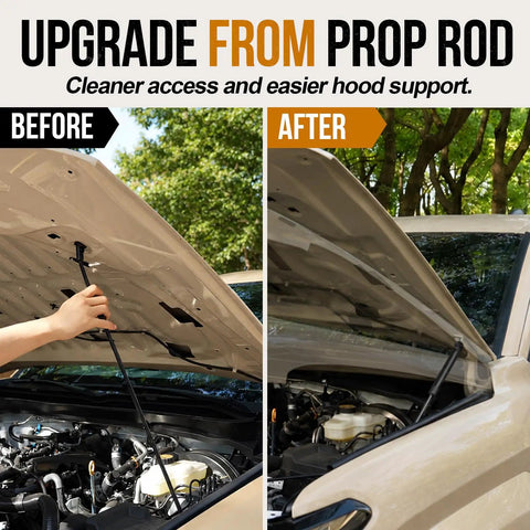 Heavy Duty Gas Hood Struts For Slick One Hand Lift Replacing Factory Prop Rod Rapid Under Hood Access For Toyota Tacoma 2024 To 2026 And 4Runner Models, before and after installation comparison.