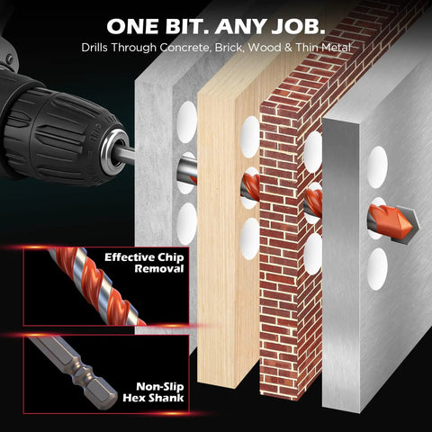 Go-To 10-Piece Masonry Drill Bit Set With 6-Inch Carbide Tipped Bits And Hex Shank shown drilling concrete, wood, brick, metal
