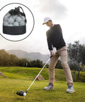 Golfer with 3 Pack Golf Ball Bags With Drawstring Mesh Pouches Holds Up To 20 Balls, Durable Nylon Polyester Practice Organizer for Outdoor Sessions, Easy Carry Black 6.69 By 5.51 Inches inset, engaging in practice session.