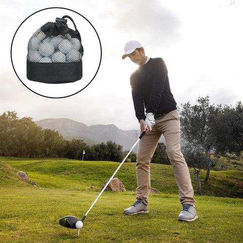Golfer with 3 Pack Golf Ball Bags With Drawstring Mesh Pouches Holds Up To 20 Balls, Durable Nylon Polyester Practice Organizer for Outdoor Sessions, Easy Carry Black 6.69 By 5.51 Inches inset, engaging in practice session.
