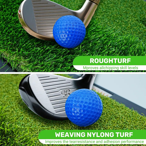 Close-up of Portable Foldable Golf Practice Mat With Dual Turf For Indoor And Outdoor Swings And Chips showing club on turf