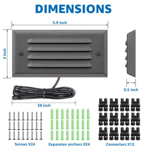 Low Voltage Outdoor Step Light Kit With 5W LED Stair Lights, Glare-Free Horizontal Louver Faceplates, connectors, screws, dimensions