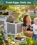Woman and child collecting eggs next to mobile chicken coop with wheels weatherproof large hen house chicken tractor.