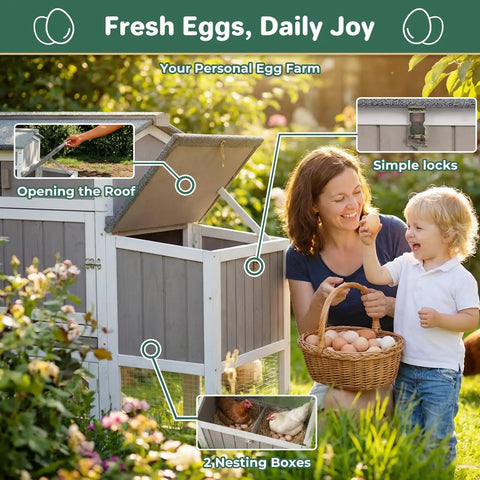 Woman and child collecting eggs next to mobile chicken coop with wheels weatherproof large hen house chicken tractor.