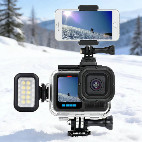 GoPro Hero Waterproof Case With Floating Hand Grip 196ft Depth Rated underwater housing with camera and phone mount in snowy backdrop