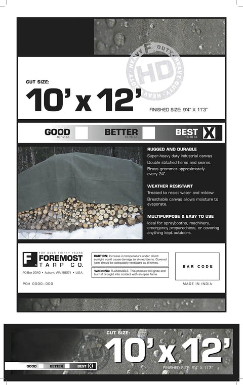 Heavy Duty Green Canvas Tarp 10x12 Dry Top Waterproof Outdoor Cover packaging with product details