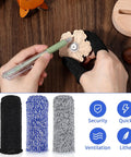 Close-up of hands using knife with 24 Pack Finger Cut Resistant Protector Gloves Plus Finger Cots Set in black in a carving project