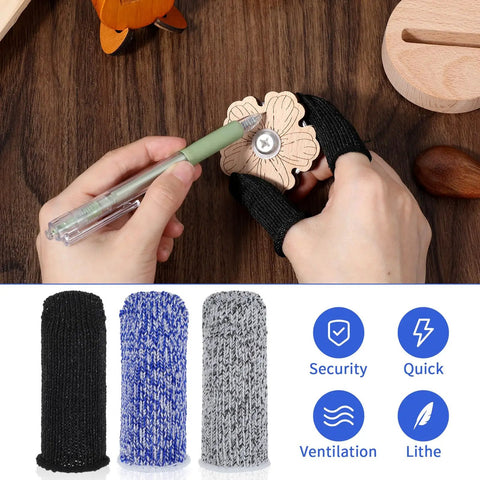 Close-up of hands using knife with 24 Pack Finger Cut Resistant Protector Gloves Plus Finger Cots Set in black in a carving project
