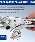 10 Inch Curved Jaw Locking Pliers With Screw Extractor, CR-MO Steel Build in use on a metal pipe, close-up of jaws and grip