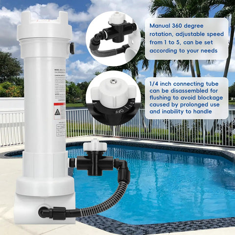 320 Chlorinator In Line Feeder Compatible With 320 Automatic In Line Chlorine And Bromine System For Pools And Spas Holds 11 Large Tablets Or 98 Small Tablets Online Or Offline Use, white plastic with black valve