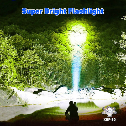 Rechargeable 100000 Lumen LED Flashlight for Camping With 4 Modes illuminating a forest at night