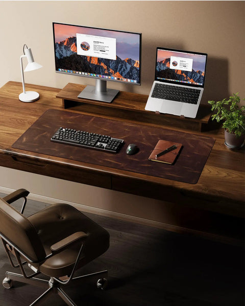Leather Desk Mat 35.4 By 17 Inches Real Leather Desk Pad With Oil Wax Finish 2mm Thick Blotter Stitched Edge on a home office desk