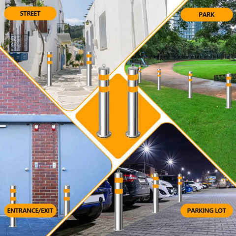 Built Ridiculously Tough Stainless Steel Bollard Posts 31.5 Inch With Anchor Bolts For Driveway Parking Lot Protection Safety Barrier Blocks Featuring Reflective Strips And No Sweat Setup Set Of Four in various outdoor settings.