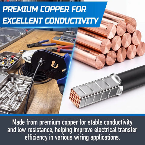 100 Pcs AWG 1/0 Wire Ferrules Kit, Tinned Copper Non Insulated Crimp Connectors, Terminal Ends For Electric Wiring, Automotive And Industrial Projects, Heavy Duty Beefy Performance, High Conductivity, Anti Oxidation, premium copper ferrules