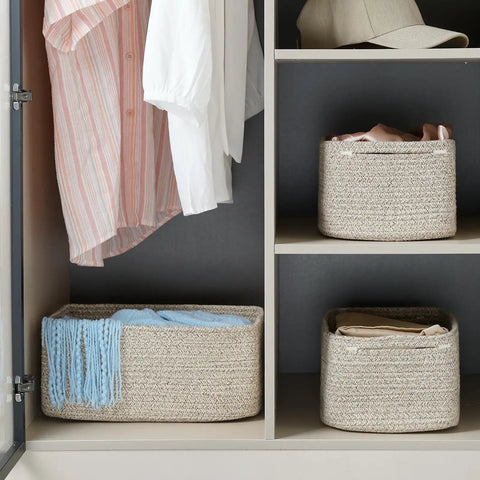 3 Pack Small Woven Rope Storage Baskets Mixed Brown, Compact Organizer For Closet Nursery, Durable Cord Basket To Stash Toys Diapers And Clothes, Legit Game Changer For Tidy Rooms