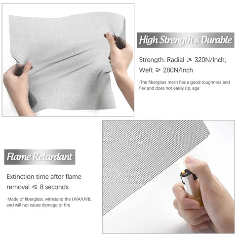Adjustable 48 X 106 Fiberglass Window Screen Kit being demonstrated for strength and flame retardant properties, hands holding screen