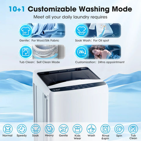 Hassle Free Portable Top Load Washing Machine With 15.7 Lbs Capacity And Fully Automatic Controls Featuring Ten Custom Cycle Programs And Built In Drain Pump A Real Game Changer For Quick Laundry In Apartments Dorms And Rvs, showing customizable washing modes and control panel.