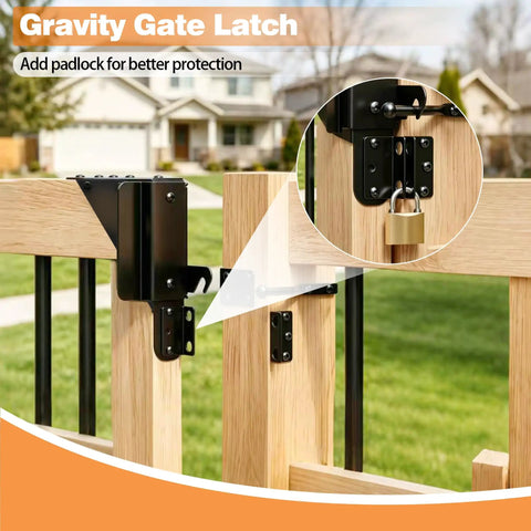 Heavy Duty Sliding Gate Hardware Kit For Wood Fences With Anti Sag Design Space Saving Gate System For Narrow Driveways Pets And Kids Safe Easy Roller Track Installation, black gravity gate latch with padlock on wood fence