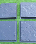 4 Piece Concrete Paving Molds Set For Garden Path And Patio Stones, showing four ABS plastic molds on grass, each 13.58x13.58 inches.