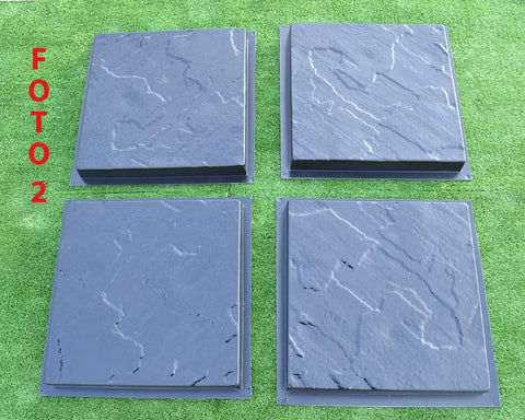 4 Piece Concrete Paving Molds Set For Garden Path And Patio Stones, showing four ABS plastic molds on grass, each 13.58x13.58 inches.