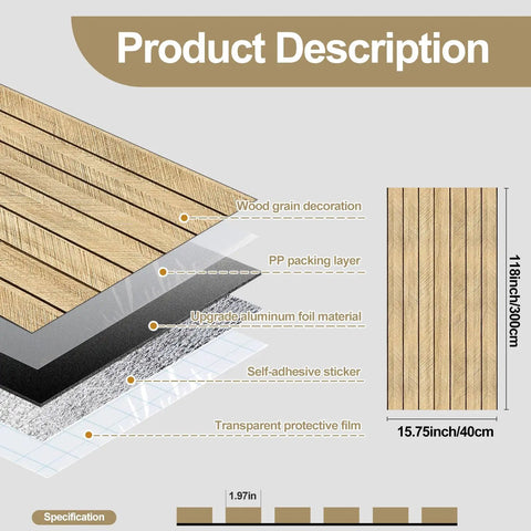 Effortless Peel And Stick 3D Wall Panels Self Adhesive Soundproof Removable PVC Slat Tiles Dark Brown Wood Grain showing product layers and dimensions.