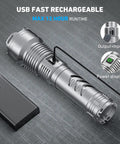 Two Pack Rechargeable LED Flashlights Crazy Bright 990,000 Lumens With Five Modes IPX6 Waterproof shown with USB charging cable