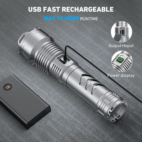 Two Pack Rechargeable LED Flashlights Crazy Bright 990,000 Lumens With Five Modes IPX6 Waterproof shown with USB charging cable