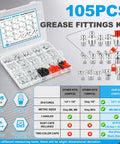 Grab This 105PC Grease Fittings Kit With Metric And Sae Zerks For All Your Daily Maintenance Chores It Includes M6 M8 M10 And Threads To Keep Your Gear Lubed And Running Smooth Like New Without Any Hiccups. 105-piece zinc-plated grease zerk assortment in storage case, SAE and metric