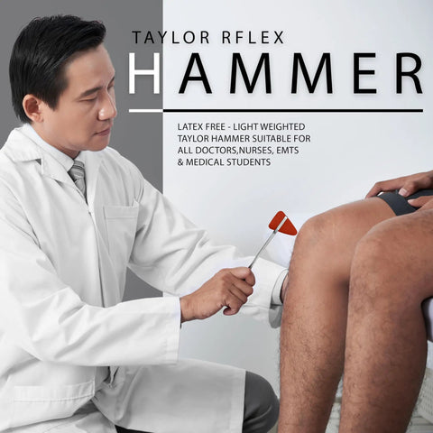 Doctor using the Must Have Premium 7 Piece Silver Diagnostic Kit Taylor Hammer on a patient's knee.