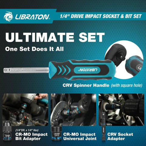 71 Piece 1/4 Inch Impact Socket Set With SAE And Metric Sockets, 90 Tooth Ratchet, featuring CRV spinner handle