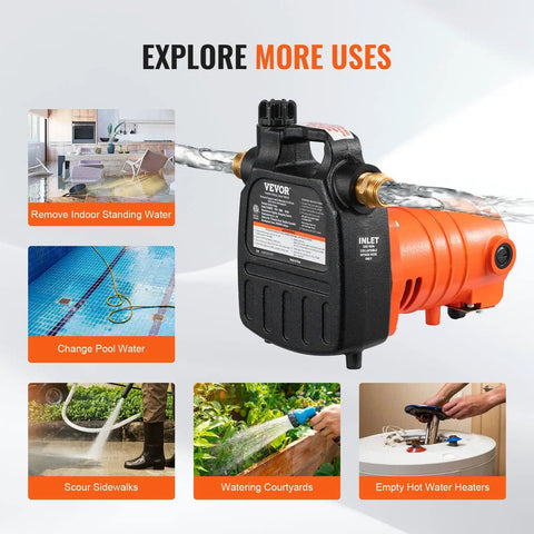 Portable 1600 GPH Water Transfer Pump with half horsepower, shown draining water, suitable for pools, gardens, and more applications.