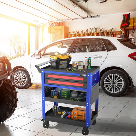 Beefed Up Heavy Duty 28 Inch 2 Drawer Rolling Tool Cart With Locking System And Large Rubber Wheels in garage