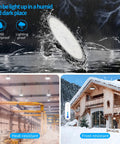 2 Pack 300W LED High Bay UFO Lights With 5000K White, IP65, used in snowy outdoors and industrial settings, durable design