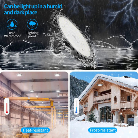 2 Pack 300W LED High Bay UFO Lights With 5000K White, IP65, used in snowy outdoors and industrial settings, durable design