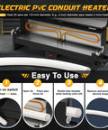 Electric PVC Conduit Heater with temp control, showcasing heating process for 1/2 to 2 inch pipes in easy-to-use steps.