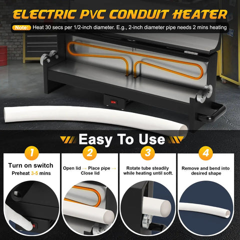 Electric PVC Conduit Heater with temp control, showcasing heating process for 1/2 to 2 inch pipes in easy-to-use steps.