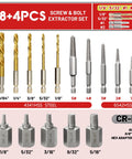 18+4 pcs screw and bolt extractor set with drill bits, spiral extractors, and hex adapters in various sizes, CR-MO 4341HSS steel.