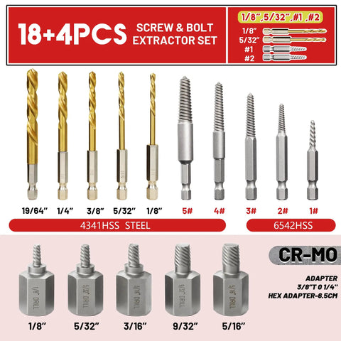 18+4 pcs screw and bolt extractor set with drill bits, spiral extractors, and hex adapters in various sizes, CR-MO 4341HSS steel.