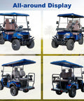 Rugged Off Road 4 Seater Electric Golf Cart With 5 Kw Motor And Hella Smooth Ride For Park Tours And Hotel Shuttles Featuring Fast Charging And Tons Of Trunk Room In Fresh Blue displayed from multiple angles, showcasing seats and design.