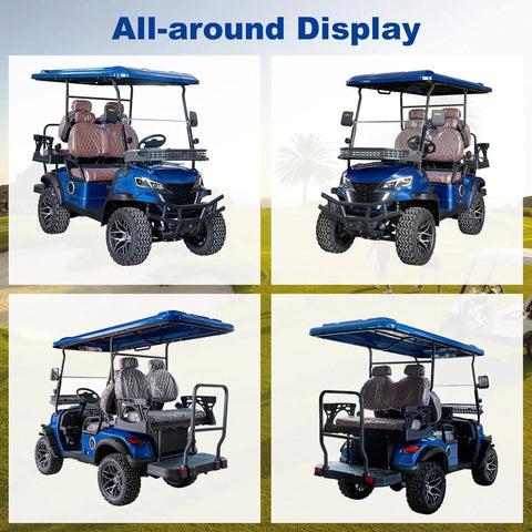 Rugged Off Road 4 Seater Electric Golf Cart With 5 Kw Motor And Hella Smooth Ride For Park Tours And Hotel Shuttles Featuring Fast Charging And Tons Of Trunk Room In Fresh Blue displayed from multiple angles, showcasing seats and design.
